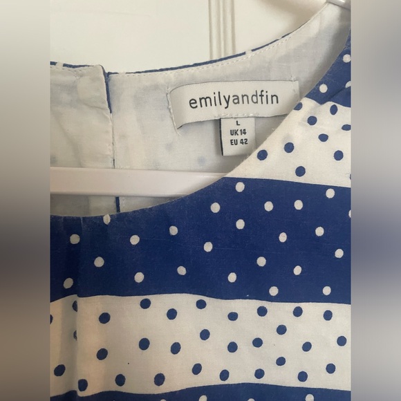 ModCloth Emily and Fin Blue and White Stripes/dotted dress/pockets - Picture 4 of 5